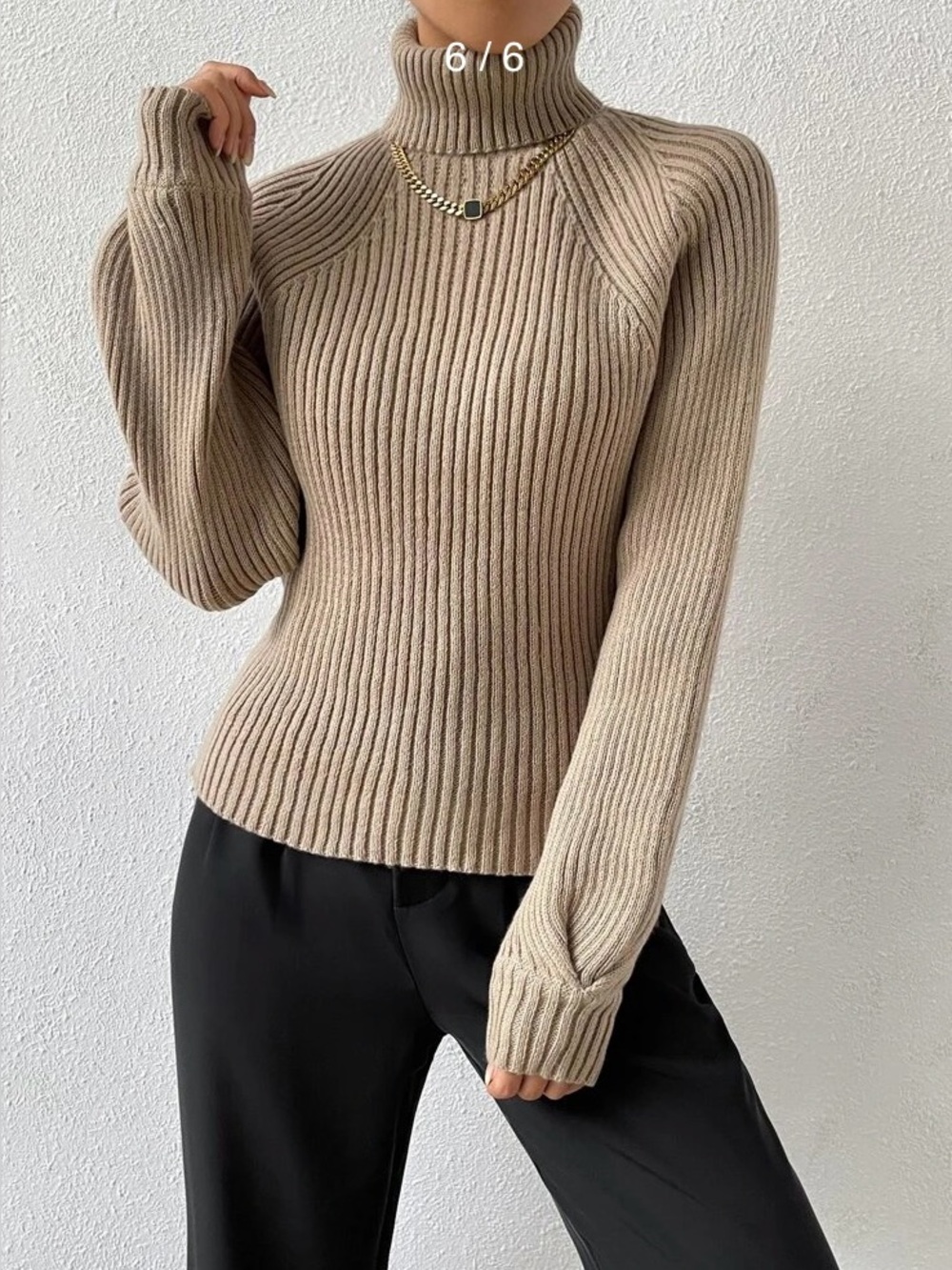 Turtleneck Raglan Sleeve Ribbed Knit Sweater - Picture 4 of 7